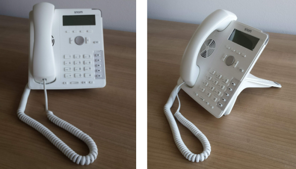 Snom D715 white IP phone on footstand